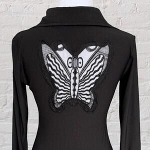 y2k rhinestone black long sleeve and mesh butterfly cut out